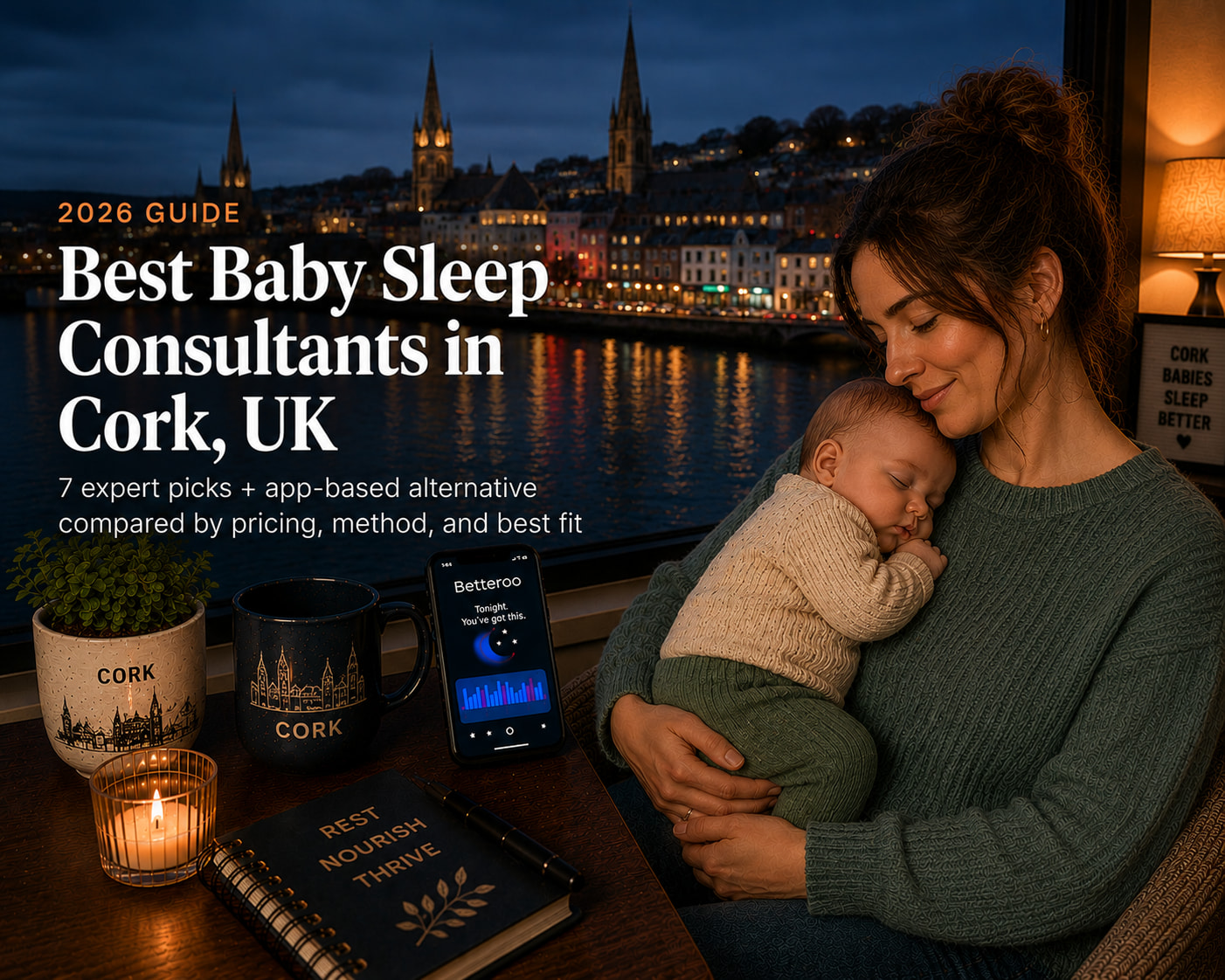Sleeping baby in a Cork, Ireland nursery with soft window light over the River Lee at dawn, baby sleep consultant scene