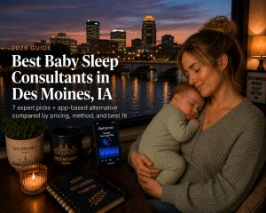 Mother gently holds a sleeping baby against her chest by a window overlooking a city skyline at dusk; a desk with a candle, plant, mug, and phone is in view.