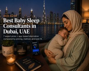 Sleeping baby in a Dubai apartment nursery overlooking the Burj Khalifa skyline at twilight, baby sleep consultant scene
