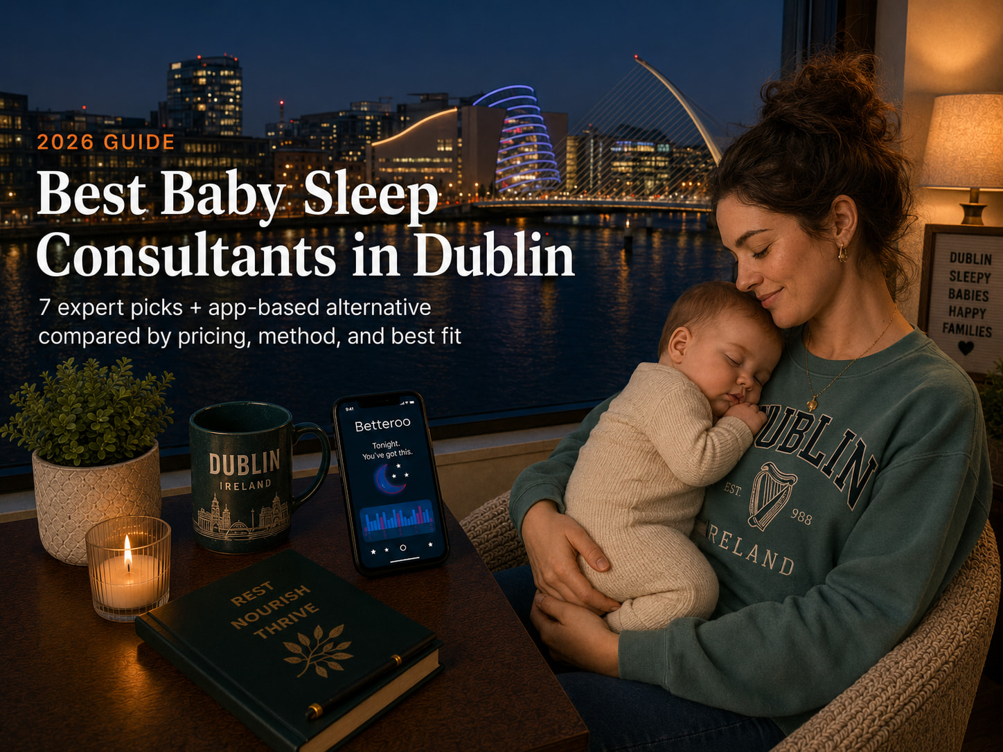 Tired parent rocking a baby to sleep near a Dublin window framing a Georgian door and the River Liffey, illustrating baby sleep consultants in Dublin.