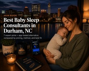 Tired parent soothing a baby in a Durham brick-loft nursery, illustrating baby sleep consultants in Durham