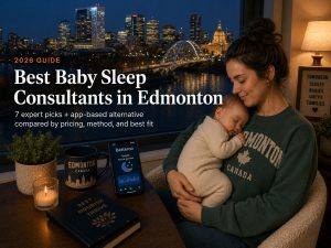 Bestbabysleepconsultantsedmonton | Betteroo Tired parent rocking a baby to sleep near an Edmonton window framing the North Saskatchewan River valley, illustrating baby sleep consultants in Edmonton.