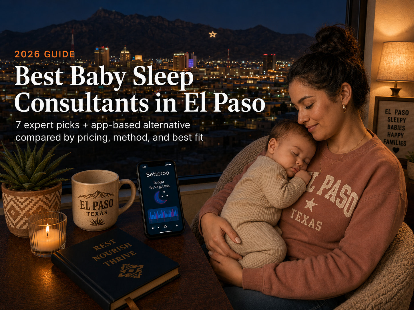 Tired parent soothing a baby in a nursery with the Franklin Mountains beyond, illustrating baby sleep consultants in El Paso.