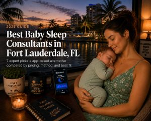 Mother cradling a sleeping baby at sunset on a balcony overlooking a marina, with the 'Best Baby Sleep Consultants in Fort Lauderdale, FL' headline in the foreground.