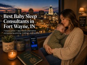 Tired parent soothing a baby in a nursery near the three rivers of Fort Wayne, illustrating baby sleep consultants in Fort Wayne.