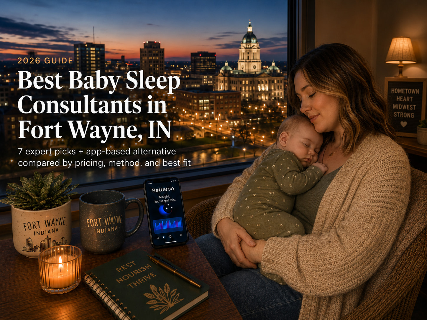 Tired parent soothing a baby in a nursery near the three rivers of Fort Wayne, illustrating baby sleep consultants in Fort Wayne.