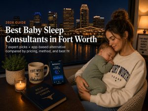Mother cradling a sleeping baby on her chest beside a smartphone showing a sleep app, with a nighttime Fort Worth skyline and the headline 'Best Baby Sleep Consultants in Fort Worth.'