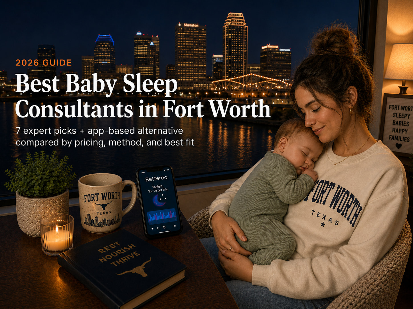 Mother cradling a sleeping baby on her chest beside a smartphone showing a sleep app, with a nighttime Fort Worth skyline and the headline 'Best Baby Sleep Consultants in Fort Worth.'