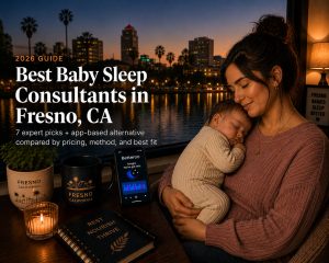 Baby sleeping soundly after help from baby sleep consultants in Fresno, with Tower District bungalows outside
