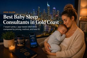 Tired parent soothing a baby with the Gold Coast Surfers Paradise skyline visible through the window, illustrating baby sleep consultants in Gold Coast.