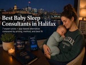 Bestbabysleepconsultantshalifax | Betteroo Sleeping baby in a Halifax, Nova Scotia nursery with Atlantic harbour light through the window, baby sleep consultant scene
