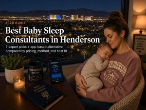 Tired parent soothing a baby in a nursery with the Henderson and Las Vegas valley skyline beyond, illustrating baby sleep consultants in Henderson.