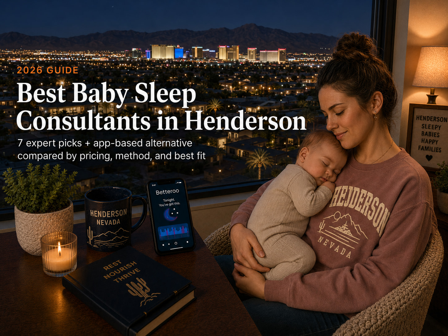 Tired parent soothing a baby in a nursery with the Henderson and Las Vegas valley skyline beyond, illustrating baby sleep consultants in Henderson.