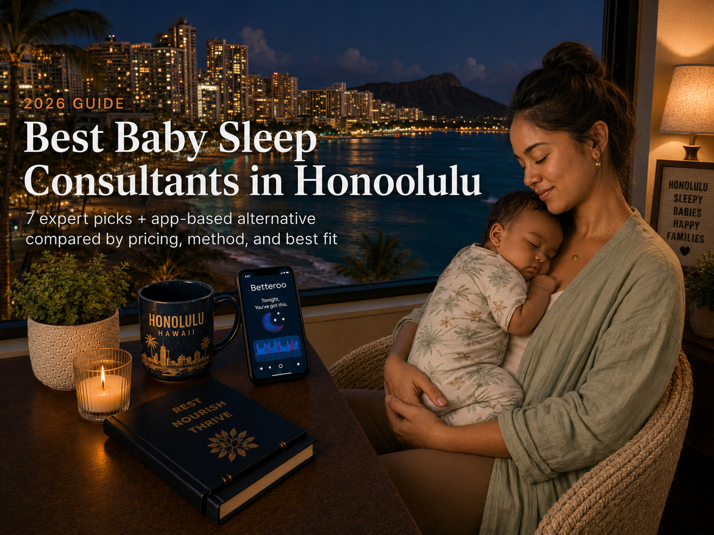 Mother cuddling a sleeping baby at a desk with a Honolulu skyline at night; headline reads 'Best Baby Sleep Consultants in Honolulu'.