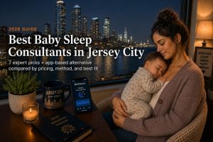 Tired parent soothing a baby in a Jersey City high-rise nursery with the Hudson River and Manhattan skyline beyond, illustrating baby sleep consultants in Jersey City.