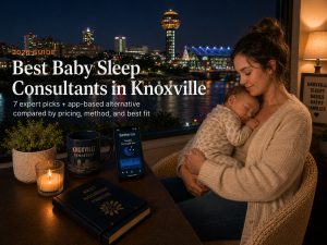 Mother cradling a sleeping baby by a window overlooking nighttime Knoxville; desk items include a candle and a Knoxville mug.
