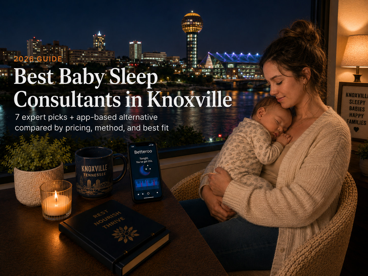 Mother cradling a sleeping baby by a window overlooking nighttime Knoxville; desk items include a candle and a Knoxville mug.