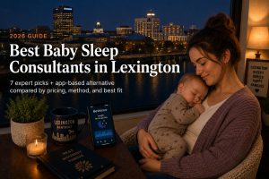 Mother cuddling a sleeping baby on a balcony as city lights glow; headline reads 'Best Baby Sleep Consultants in Lexington'.