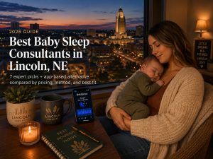Tired parent soothing a baby in a nursery near the Nebraska State Capitol, illustrating baby sleep consultants in Lincoln.