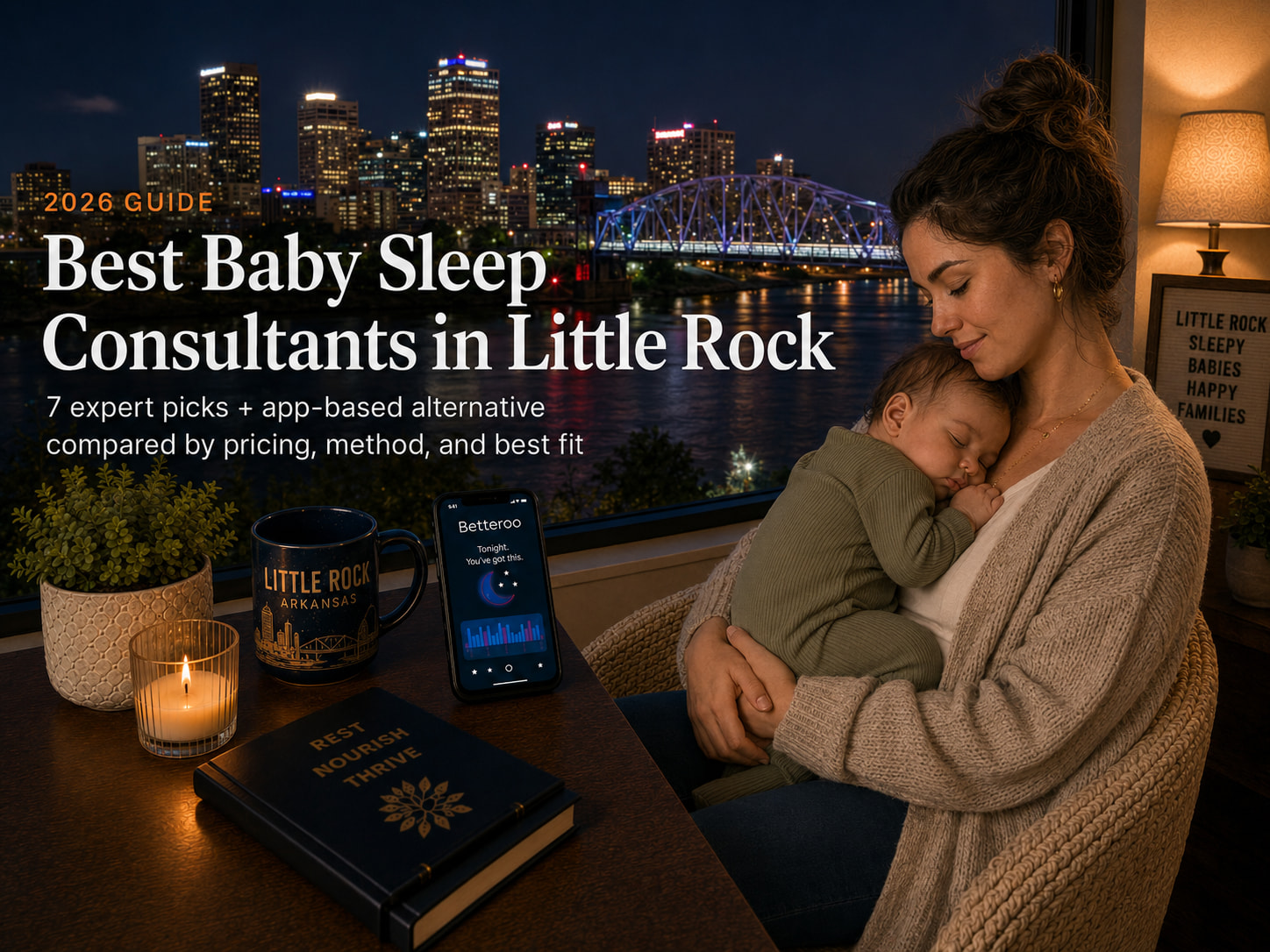 Mother gently holds a sleeping baby by a window overlooking a city at night; large headline reads 'Best Baby Sleep Consultants in Little Rock.'