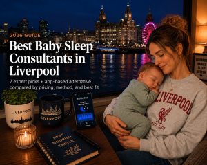 Tired parent settling a baby near a Liverpool window with the Royal Liver Building and Mersey beyond, illustrating baby sleep consultants in Liverpool.