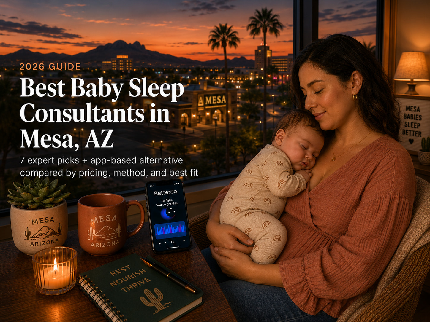 Tired parent soothing a baby in a nursery against an East Valley desert sunset, illustrating baby sleep consultants in Mesa, AZ.