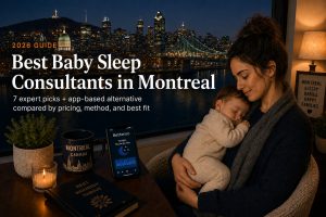 Tired parent comforting a baby at home with Mount Royal visible through the window, illustrating baby sleep consultants in Montreal.