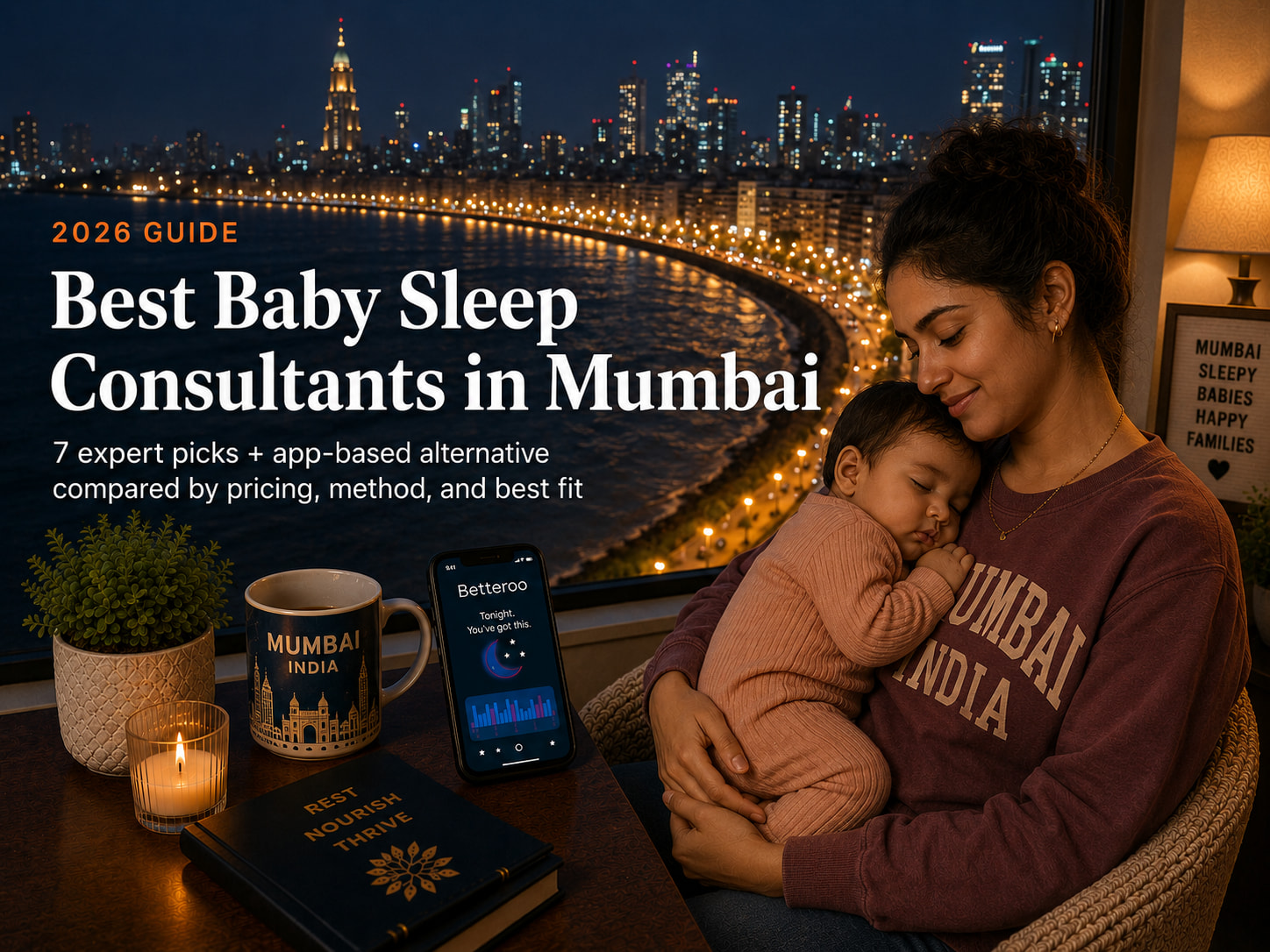 Bestbabysleepconsultantsmumbai | Betteroo Sleeping baby in a Mumbai apartment nursery with soft monsoon light through shutters, family hiring a baby sleep consultant