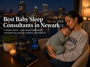 Tired parent soothing a baby in a nursery with the Newark skyline and a New Jersey street beyond, illustrating baby sleep consultants in Newark.