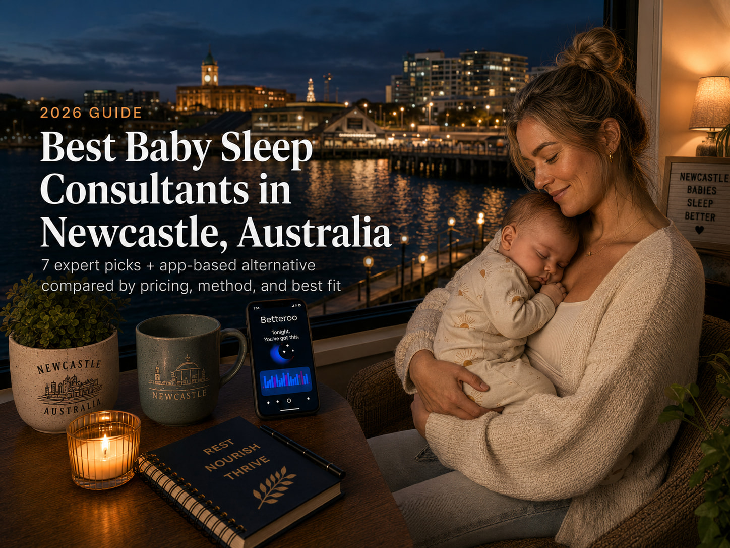 Bestbabysleepconsultantsnewcastle | Betteroo Newcastle mother holding her sleeping baby by a window at dusk overlooking the harbour and Nobbys Lighthouse, with a Betteroo sleep app on her phone