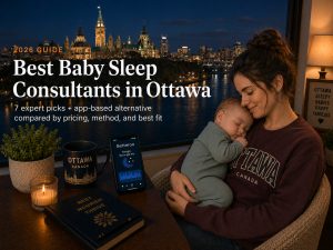 Bestbabysleepconsultantsottawa | Betteroo Tired parent rocking a baby to sleep with Parliament Hill visible across the Rideau Canal, illustrating baby sleep consultants in Ottawa.