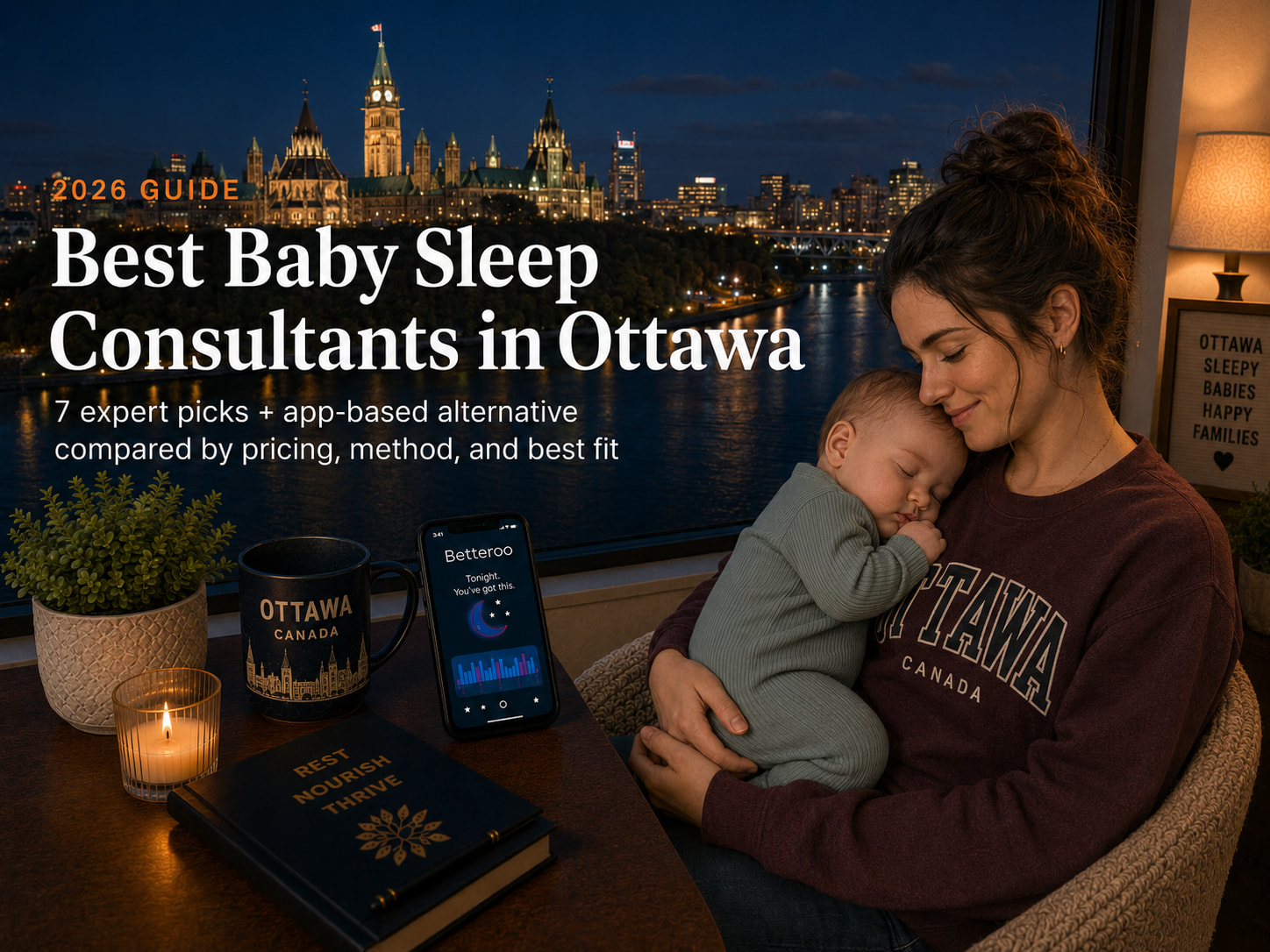 Tired parent rocking a baby to sleep with Parliament Hill visible across the Rideau Canal, illustrating baby sleep consultants in Ottawa.