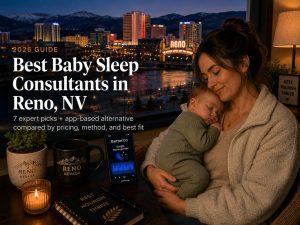 Mother warmly holds a sleeping baby at a window with Reno, NV skyline at dusk; desk items and a candle in foreground frame the scene as a guide cover text appears on the left: 'Best Baby Sleep Consultants in Reno, NV'.