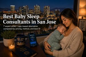 Tired parent soothing a baby in a nursery with a Silicon Valley skyline view, illustrating baby sleep consultants in San Jose.
