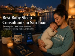 Bestbabysleepconsultantssanjuan | Betteroo Tired parent soothing a baby in a nursery overlooking the Condado coastline, illustrating baby sleep consultants in San Juan.