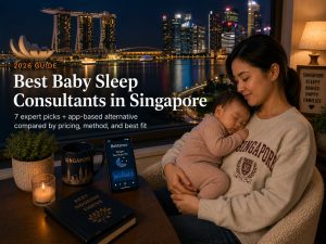 Sleeping baby in a calm Singapore HDB nursery at dusk with skyline lights, family searching for a baby sleep consultant