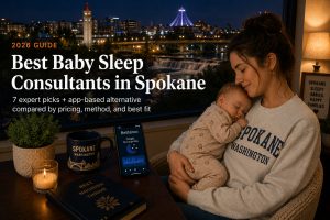 Mother cuddles a sleeping baby beside a window with city lights; hero image for Best Baby Sleep Consultants in Spokane article.