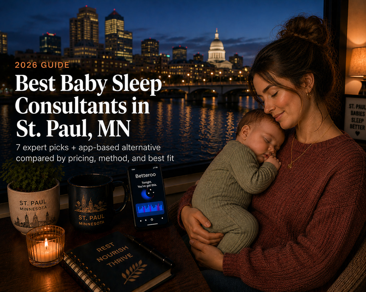 Tired parent soothing a baby in a nursery with the St. Paul skyline and Mississippi River beyond, illustrating baby sleep consultants in St. Paul.
