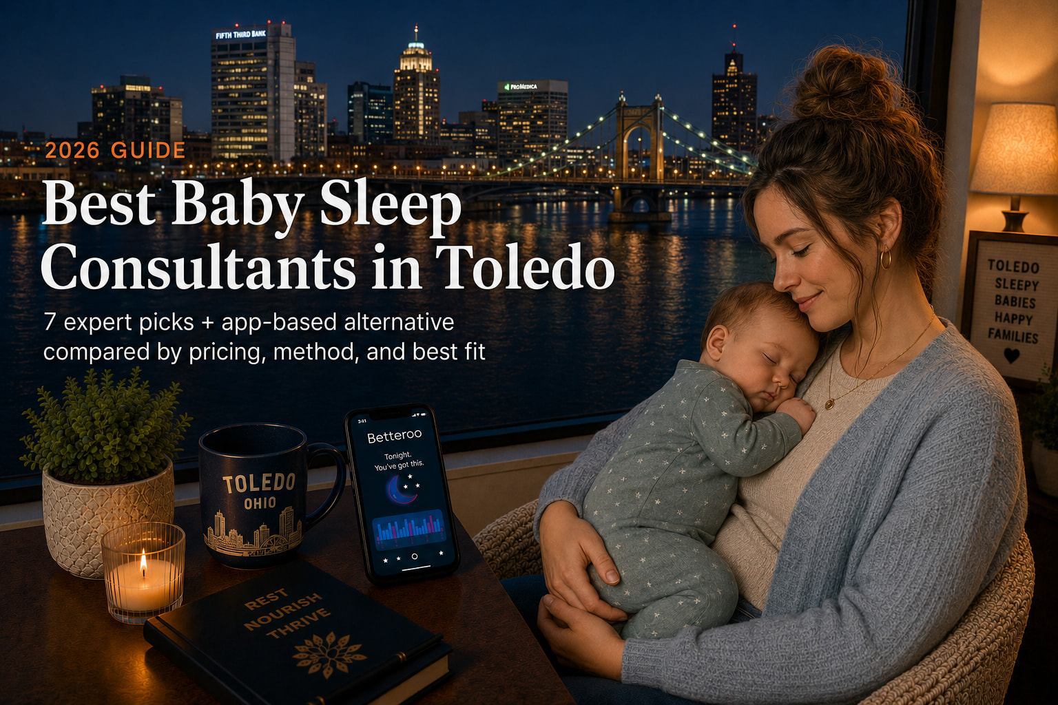 Tired parent soothing a baby in a nursery near the Toledo Maumee River skyline, illustrating baby sleep consultants in Toledo.