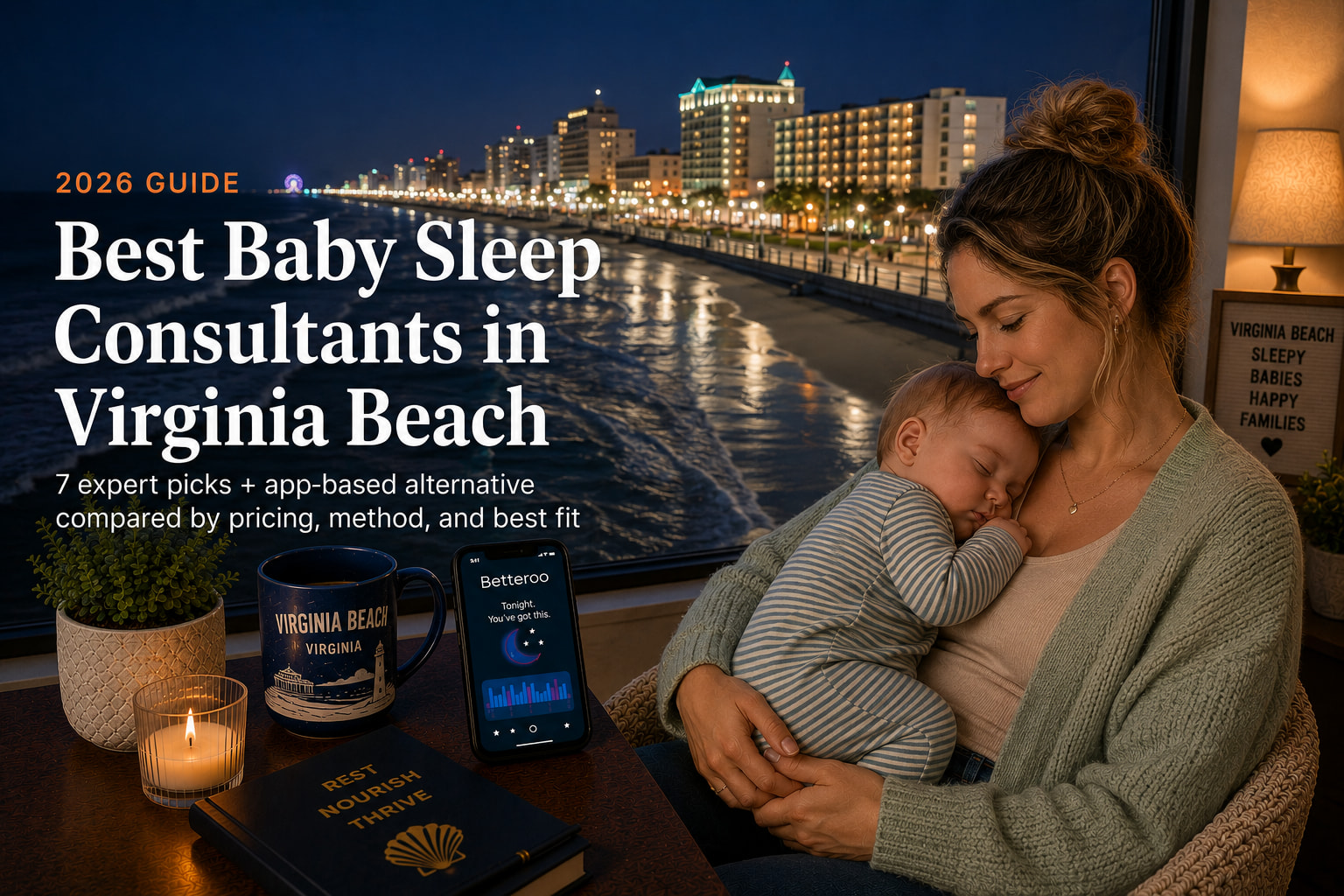 Mother holding a sleeping baby in a cozy room as night-city lights of Virginia Beach appear through the window, with the guide title about best baby sleep consultants in view.