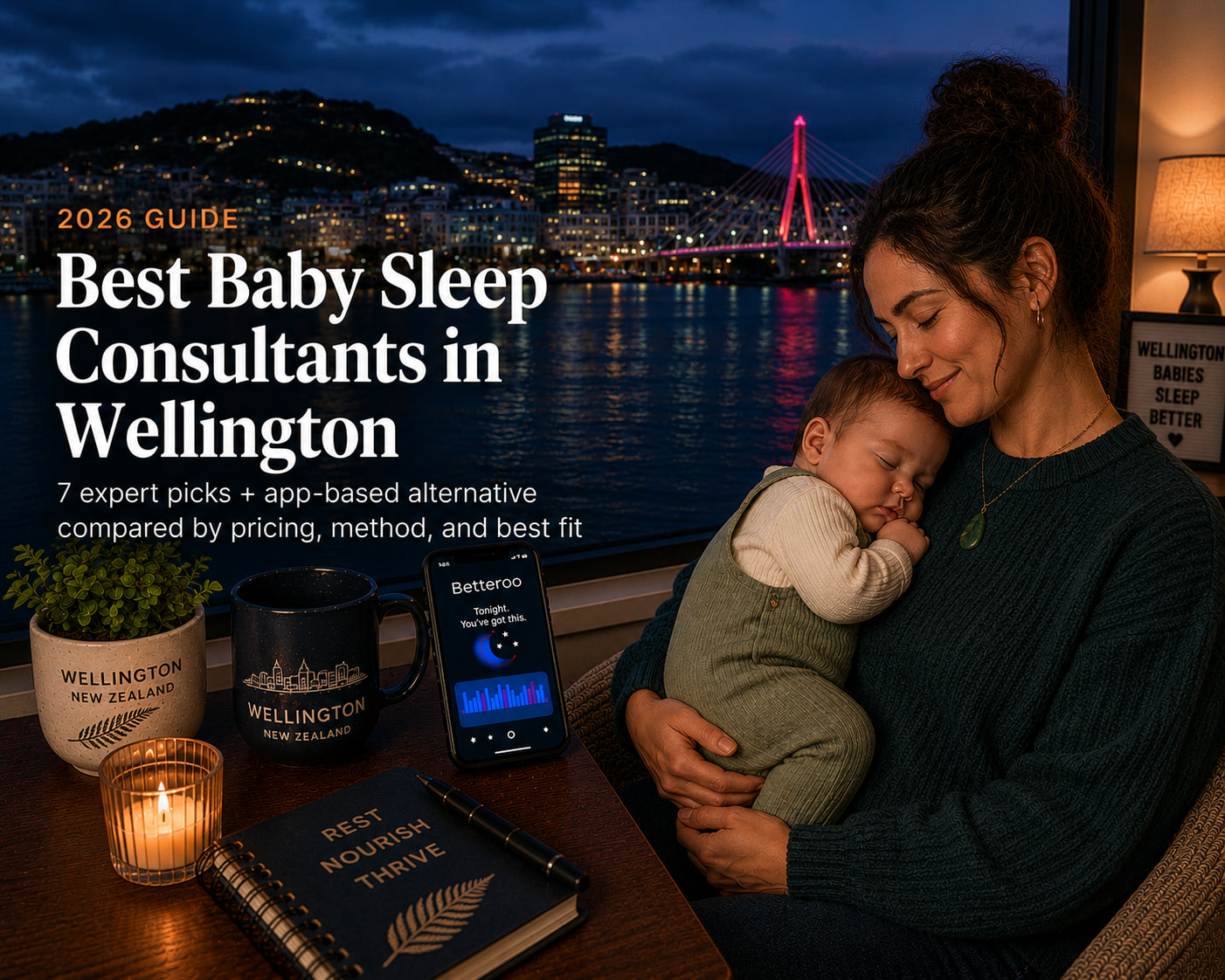 Tired parent comforting a baby beside a Wellington harbour window with Mount Victoria hills beyond, illustrating baby sleep consultants in Wellington.
