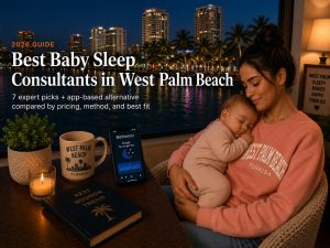 Mother cradling a sleeping baby on her chest beside a table with a phone showing the 'Betteroo' app, a candle, a book, and a 'West Palm Beach' mug, against a nighttime cityscape.