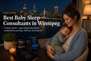 Bestbabysleepconsultantswinnipeg | Betteroo Sleeping baby in a Winnipeg, Manitoba nursery with prairie snow light through the window, parent reading about baby sleep consultants