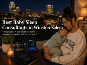 Tired parent soothing a baby in a nursery near downtown Winston-Salem, illustrating baby sleep consultants in Winston-Salem.