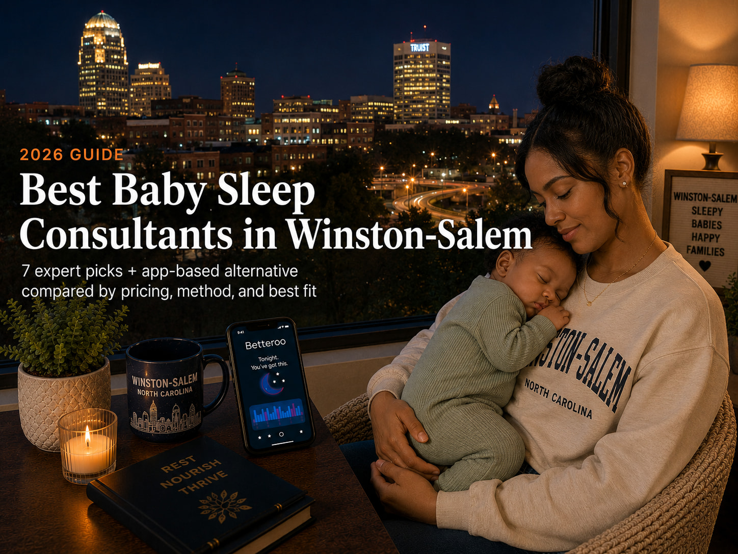 Tired parent soothing a baby in a nursery near downtown Winston-Salem, illustrating baby sleep consultants in Winston-Salem.