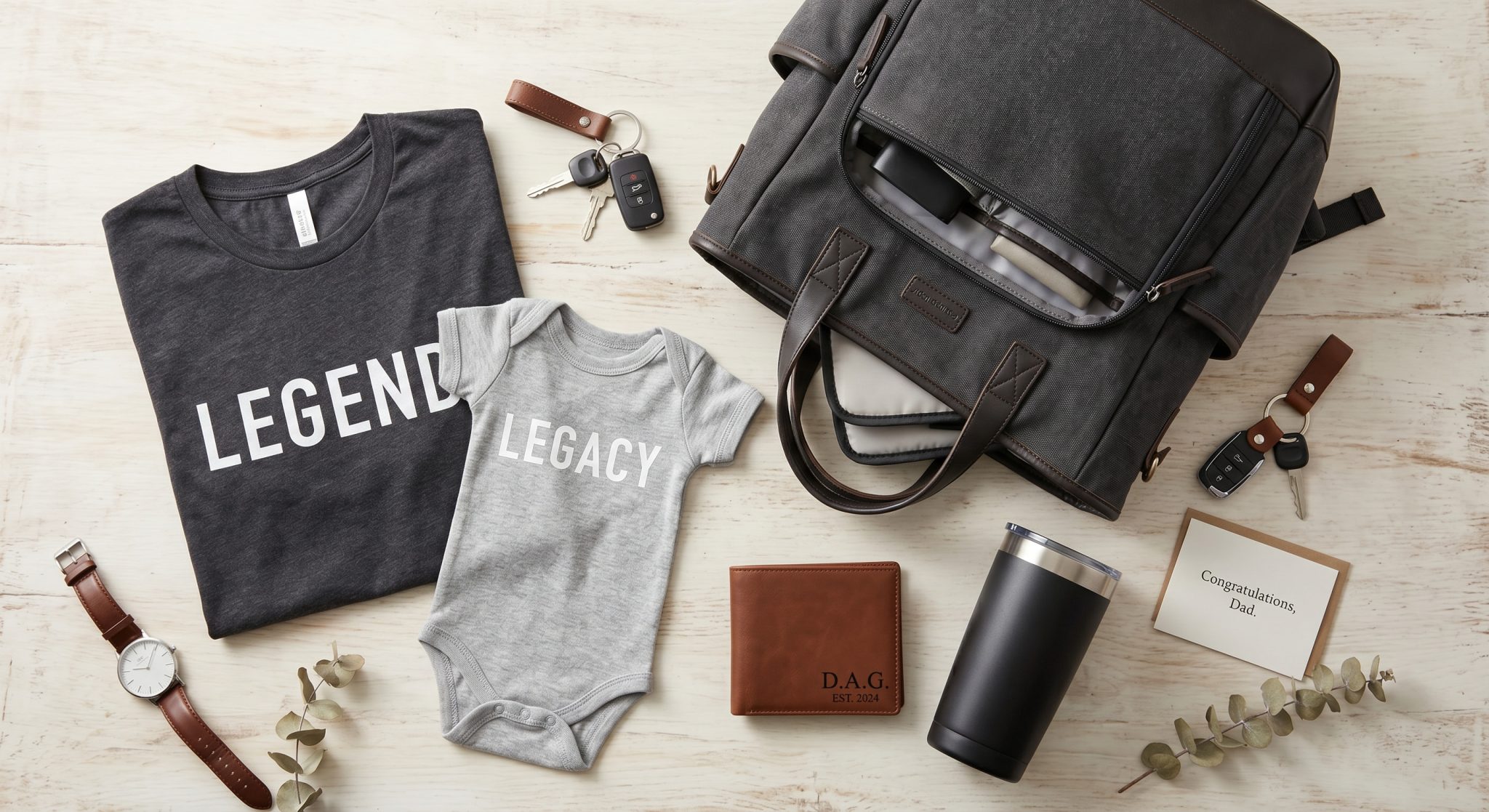 Flat lay of first-time dad gifts including a backpack, matching shirts, wallet, and watch