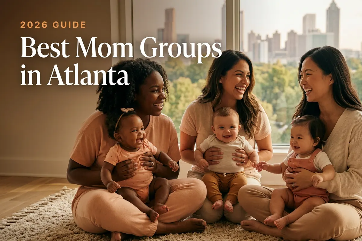Three diverse moms holding their babies at a welcoming mom group meetup in Atlanta, with the Atlanta skyline rising above a green canopy of trees in warm daylight behind them, illustrating a guide to the best mom groups in Atlanta for 2026