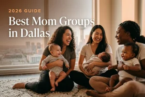 Three diverse moms holding their babies at a welcoming mom group meetup in Dallas, with the Dallas skyline at golden hour in warm daylight behind them, illustrating a guide to the best mom groups in Dallas for 2026
