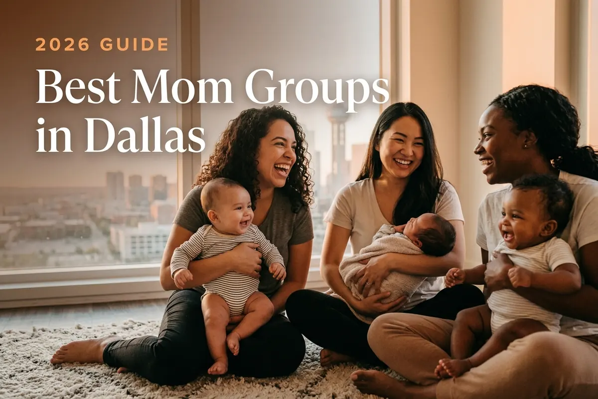 Bestmomgroupsdallas | Betteroo Three diverse moms holding their babies at a welcoming mom group meetup in Dallas, with the Dallas skyline at golden hour in warm daylight behind them, illustrating a guide to the best mom groups in Dallas for 2026