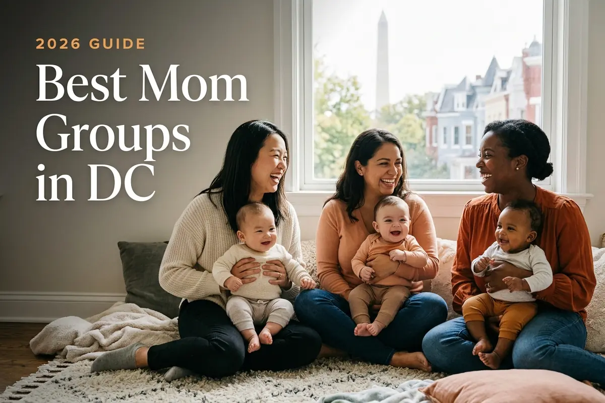 Three diverse moms holding their babies at a welcoming mom group meetup in Washington, D.C., with the Washington Monument and DC rowhouses under soft daylight behind them, illustrating a guide to the best mom groups in DC for 2026
